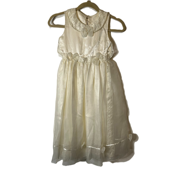 First Communion Dress Girls Size M White Sheer Lined Bows Peals Lace Satin Trim - Picture 1 of 16